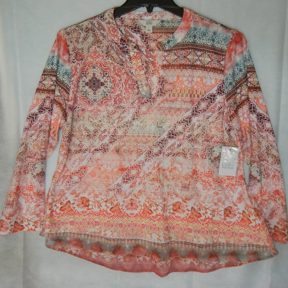 NEW! Wmn LARGE Long Sleeve Roll Tab Open Split Front Knit Top Flutter Hem NWT